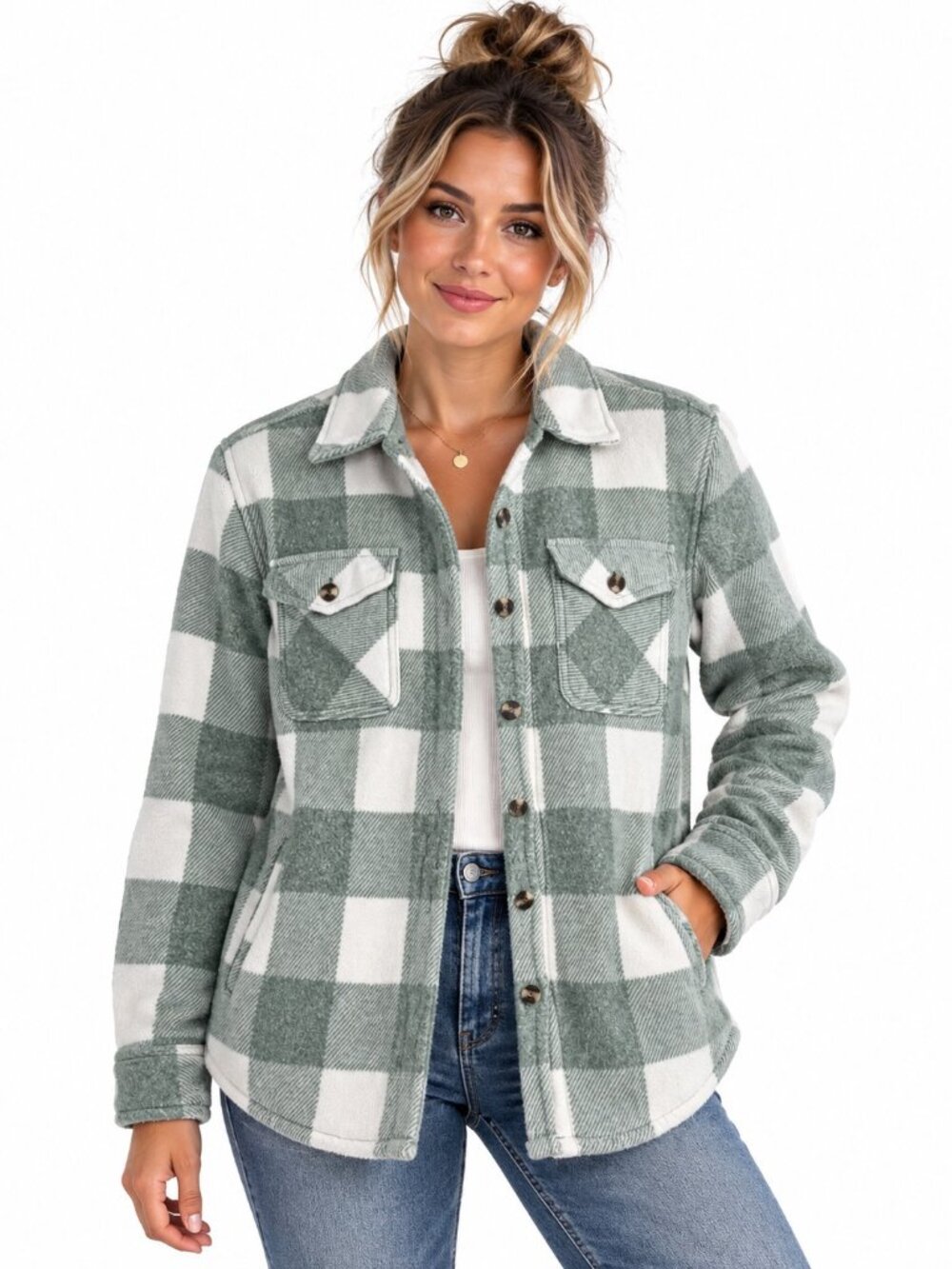 SAGE Collective Women's Small Sage Green Plaid Sherpa Lined Shacket Fleece